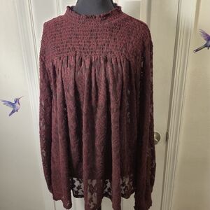 Cupio Bohemian Smocked High Neck Burgundy | Wine Lace Long Sleeve Blouse XL